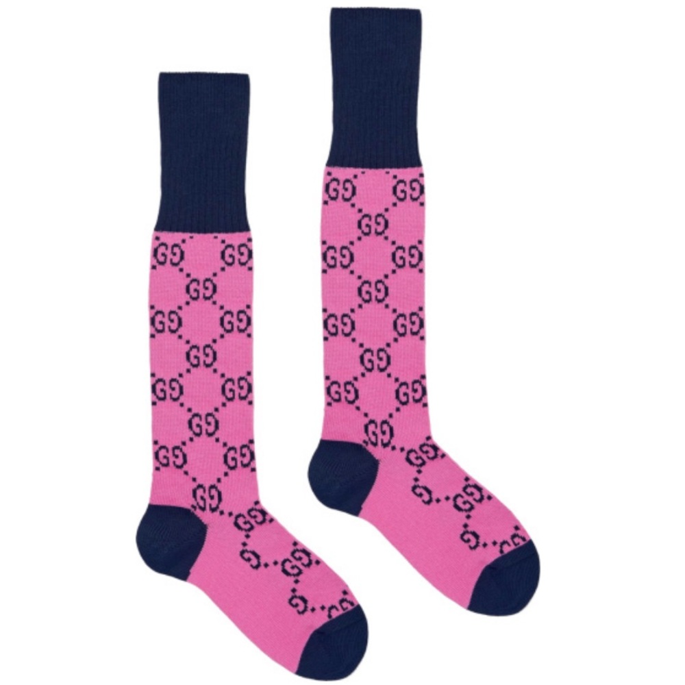 Gucci Double G Monogram Color-Block Cotton Blend Knee-High Pink/Navy Socks